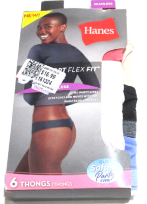 (6)Hanes thong panties-sz S-NWT-6 PR PKG-MULTICOLOR-SEAMLESS-nylon/spandex