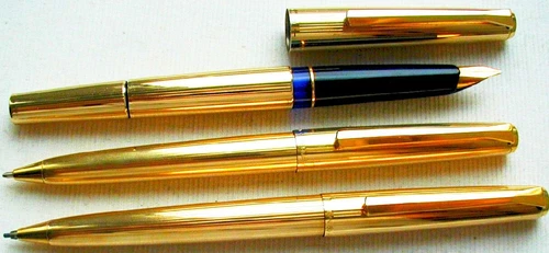 PELIKAN "M 60 ROLLED GOLD" SET OF 3 in BOX, FOUNTAIN PENS, 18ct. GOLD NIBS in OB