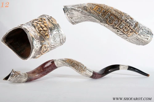 39.5"- 42" Jerusalem + Grapes Amazing  Silver-plated Yemenite Kudu Shofar+Bag