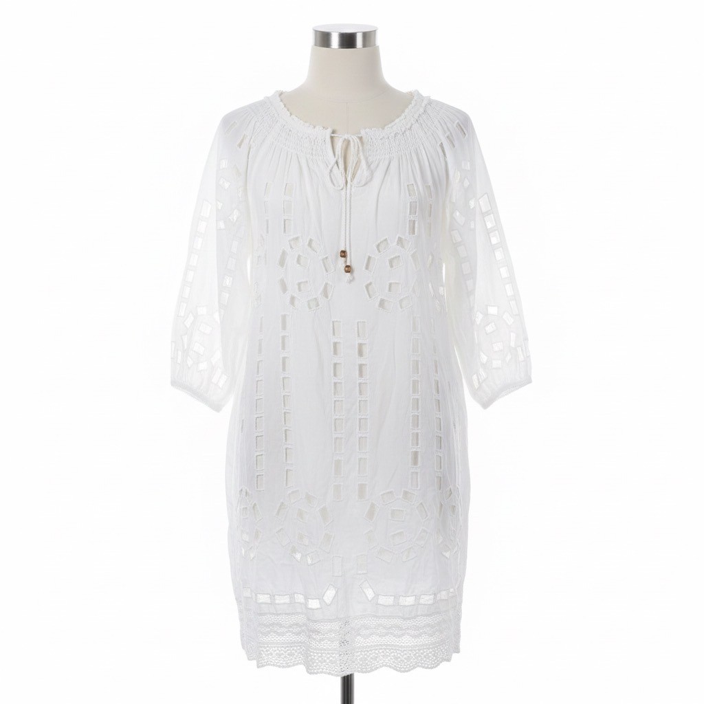 MICHAEL Michael Kors L Tunic Dress White Eyelet Embroidered Smocked Peasant  | eBay
