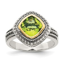 Sterling Silver with 14K Accent Antiqued Cushion Bezel Peridot Ring
