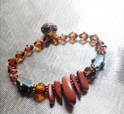 Goldstone And Glass Crystal Beaded Bracelet With Ceramic Hamsa Beads Artist Made