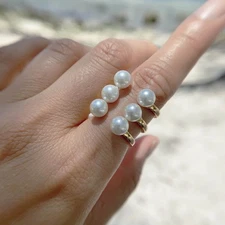 Genuine Pearl Sterling Silver Large Cocktail Ring Triple-Band Gold Ring S428