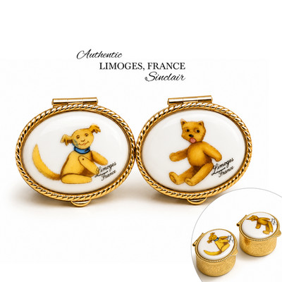 Sinclair Limoges France Set 2 Boxes Teddy Bear Dog Engraved Gold Peint Main