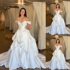 Satin Elegant Wedding DressesWhite Off Shoulder Ivory Sweep Train Bridal Gowns