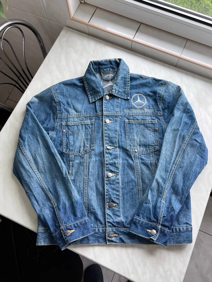 Chaqueta Jean Camionero Mercedes Benz De Colección Hombres M Azul Lavado Ácido Denim Botón Años 90 Foto 3 de 4
