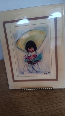 Vintage De Grazia THE FLOWER BOY Tile Mounted On Wood Wall Plaque Decor
