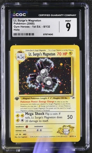 CGC 9 Lt. Surge's Magneton 8/132 Gym Heroes 1st Edition Holo Swirl Pokemon Card