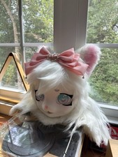 White kigurumi Fursuit Head w/ Pink Bow long white tail
