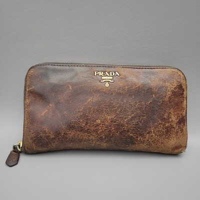 Authentic Prada Cervo Antic Met Long Zip Around Wallet Brown Antiqued Leather