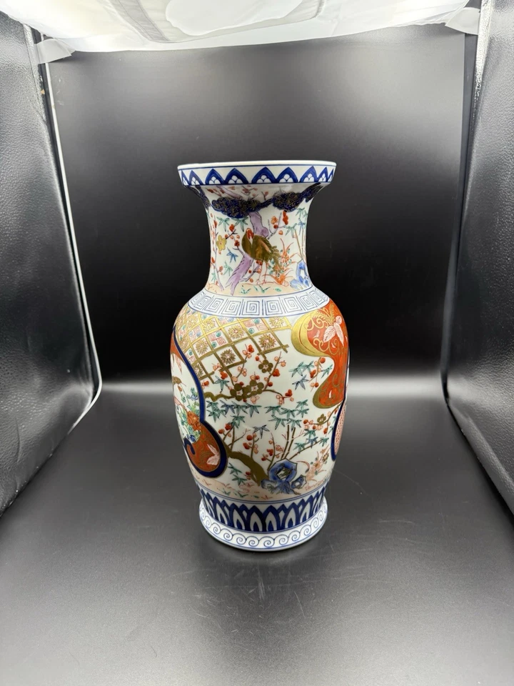 "Florero de porcelana japonés pintado a mano estilo Kutani Imari 14,25"" firmado" Foto 2 de 4