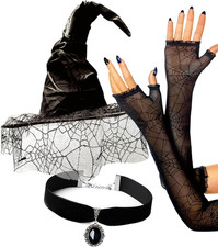 Witch Accessories for Women: Black Hat Costume  Spiderweb Lace Sleeves