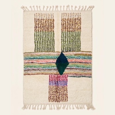 Azilal Berber Moroccan Rug Cream Green Color Block Hand Knotted Wool