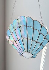 Iridescent Blue Stained Glass Seashell Window Coastal Suncatcher