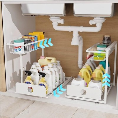 Under Sink Organizer, 2 Pack, 2 Tier Pull Out Sliding Shelf, Adjustable Heigh...