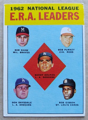 1963 TOPPS 1962 N.L. E.R.A. LEADERS #2 BASEBALL KOUFAX GIBSON DRYSDALE