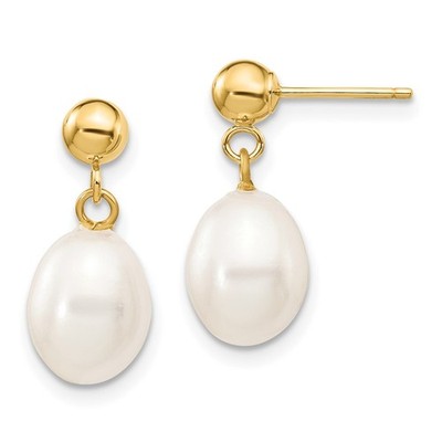 Ohrhänger 10 Karat Gelbgold 7-8 mm weißer Reis Süßwasserzuchtperlen
