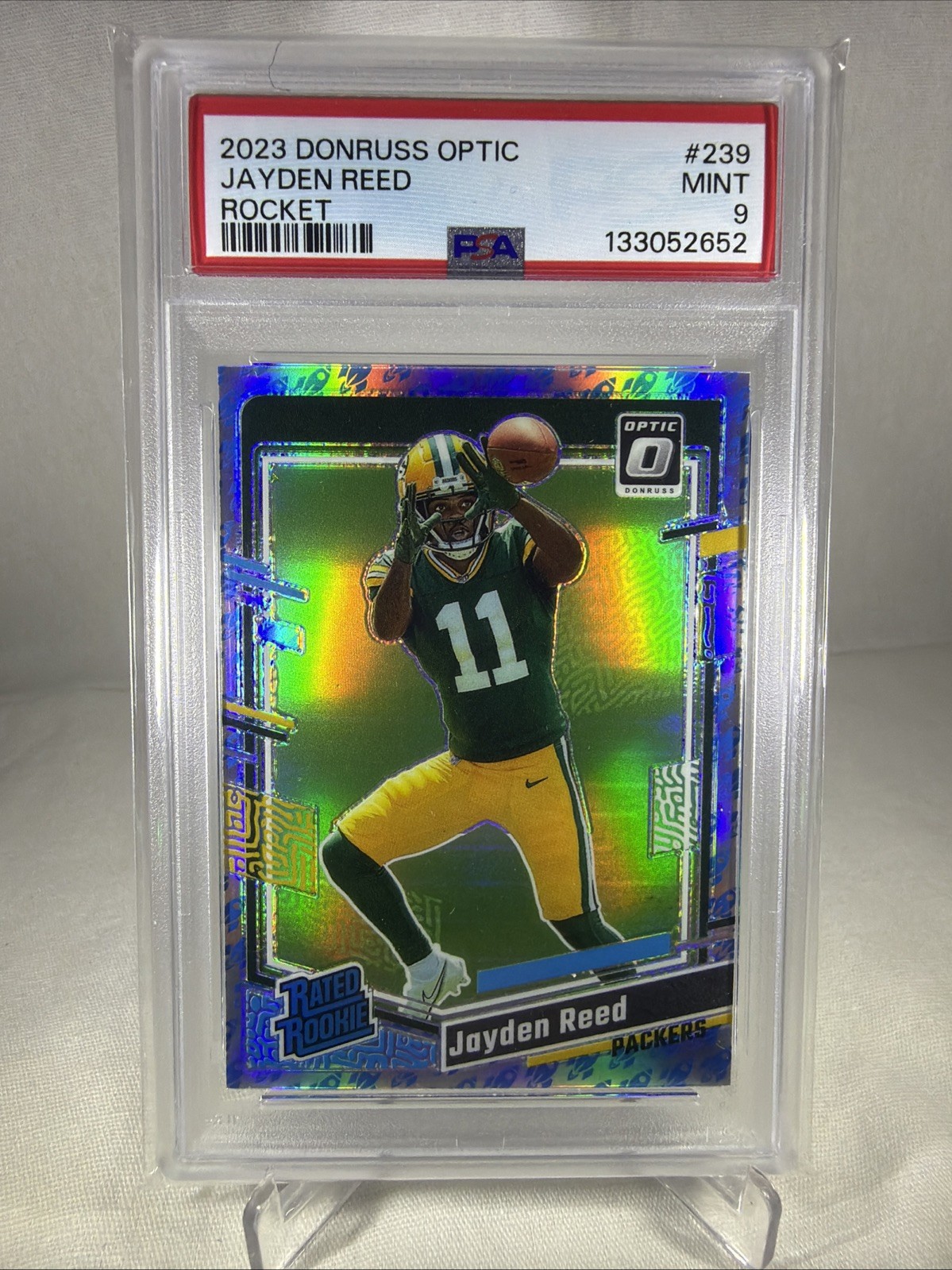 Jayden Reed 2023 Optic Rated Rookie Rocket Emoji Prizm RC #239 PACKERS