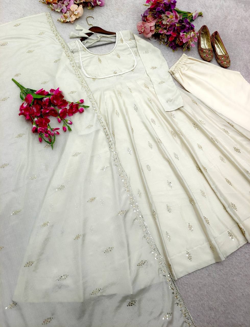 Pure Chinon Silk Off White Gown Bottom With Dupatta For Women Festival Wear thumbnail 8
