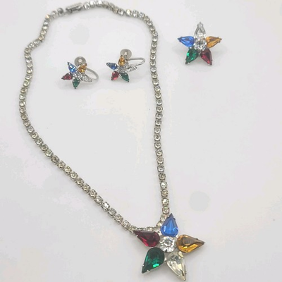 #ad Vintage Kramer Necklace Earrings Set Star Rhinestone 14quot; $39.93