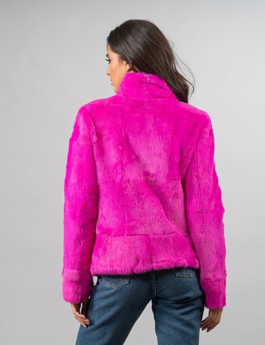 Modern fuchsia real rabbit fur biker jacket with a diagonal zipper closure. - Picture 4 of 8