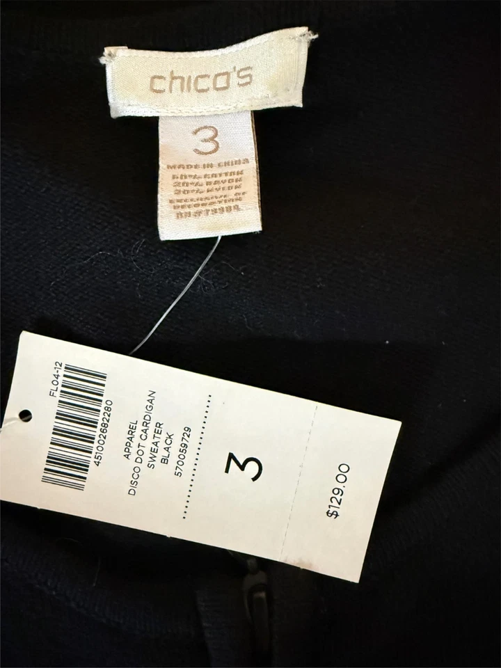 Cárdigan Suéter CHICO'S Negro Punto Disco Mezcla Algodón Cremallera Talla 3 Para Mujer XL NUEVO Foto 3 de 3