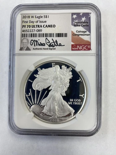 2018 W NGC PROOF PF70 UC FIRST DAY FUN SHOW 1oz MIKE CASTLE SIGNED SILVER EAGLE