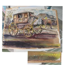 Everett Mills Watercolor Painting Stagecoach Western Theme California Artist