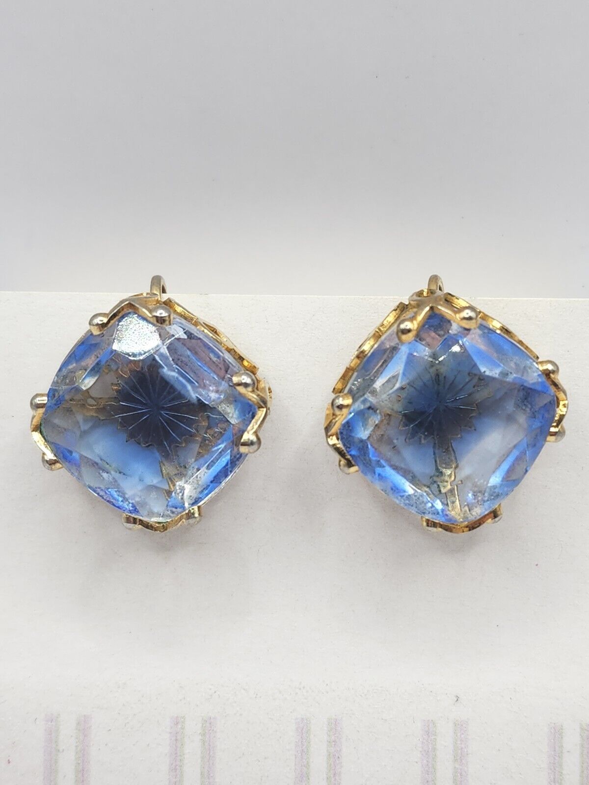 Vintage Emmons Clip On Earrings, Large Ice Blue C… - image 1