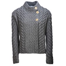 Ladies Asymmetrical Multi Cable Wool Cardigan By Aran Mills - Charcoal