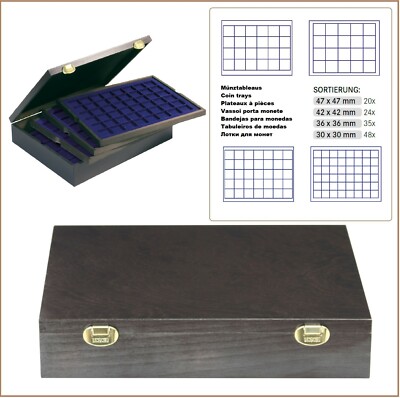 Lindner 2494-1M Carus 4 Wood Coin Box 4 Trays Blue Mixed 30-47 mm