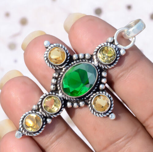 Diopside Citrine Gemstone Jewelry Pendant 925 Sterling Silver Handmade Cross - Picture 2 of 8