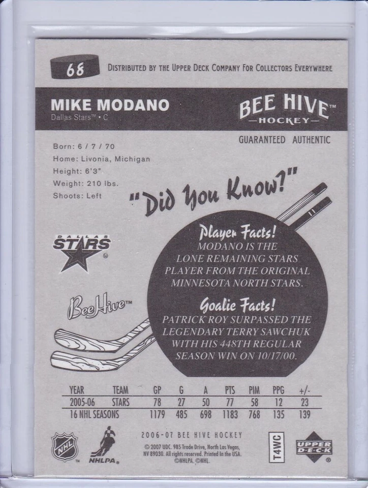 Mike Modano 2006 Upper Deck Bee Hive Hockey Card 68 - Image 2 of 2