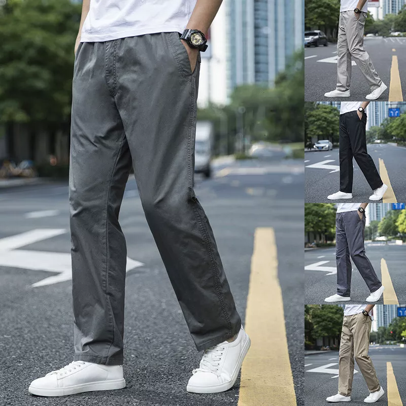 Men Cotton Pants Plus Size Straight Leg Stretch Twill Work Slim Fit Skinny