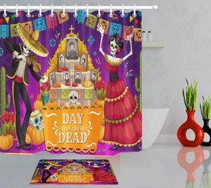 Fabric Shower Curtain Set Mexican Day Of The Dead Skull Bathroom Decor Hooks Ebay