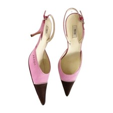 Rare Vintage Prada pointy toe sling back Linen Fabric Heels Pink Brown Sz 39.5