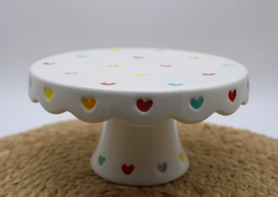 Lang Rainbow HEARTS on White Valentine's Day Ceramic CAKE STAND Hand Painted 4x7 - Image 2 of 4