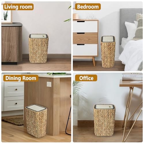 Boho Trash Can with Lid for Bathroom,2.6 Gallon Small Rattan Garbage Can with - Picture 7 of 8
