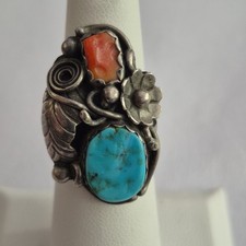 Native American Sterling Silver Turquoise Coral Ring Size 7