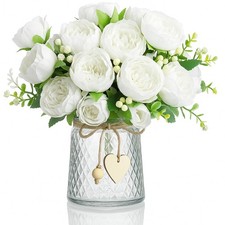 2 Bundles Artificial Peonies Flowers Fake Silk Bouquet Faux Bulk Wedding White