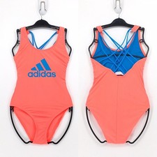 Adidas Women L One Piece Swimsuit Neon Peach Logo Stripe Criss Cross 5PLF010 NEW