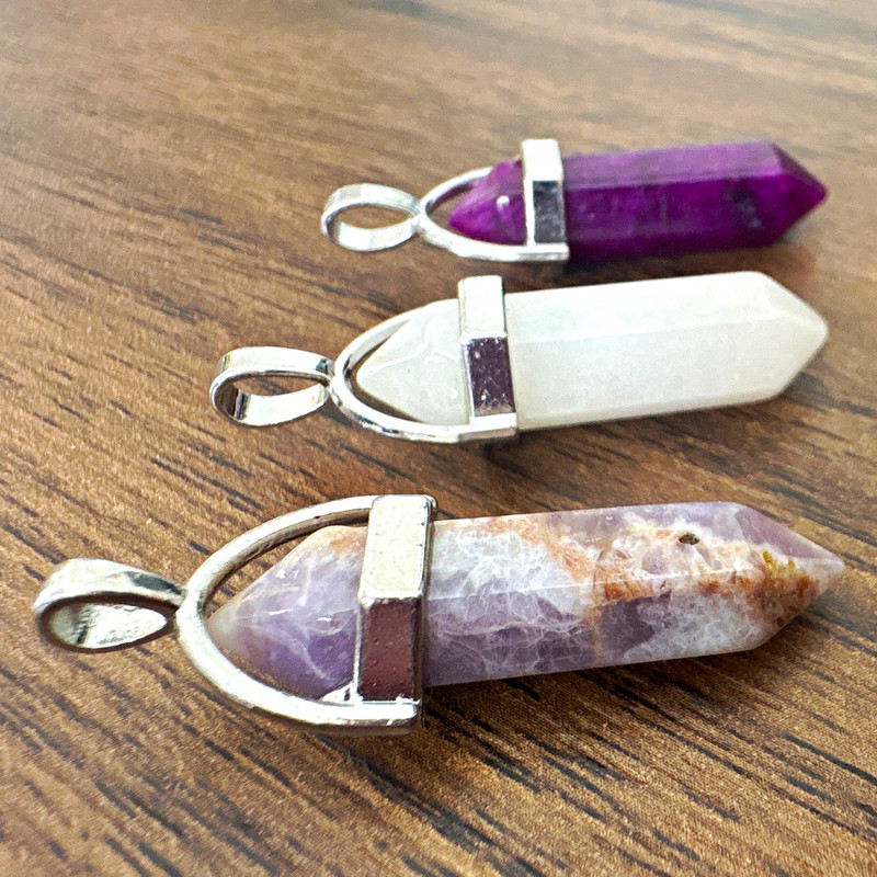 3pc Amethyst & Quartz Hexagon Point Pendant Charm Lot Silver/Purple