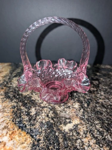 Fenton Art Glass Pink Ruffled Edge Basket With Makers Info