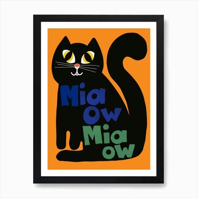 Miaow Miaow schwarze Katze Kunstdruck gerahmt Wandbild Poster Leinwanddruck Bild