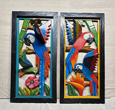 Set of 2 Hand Carved Wood Framed Parrot Wall Plaques Multicolor 30in by 15in