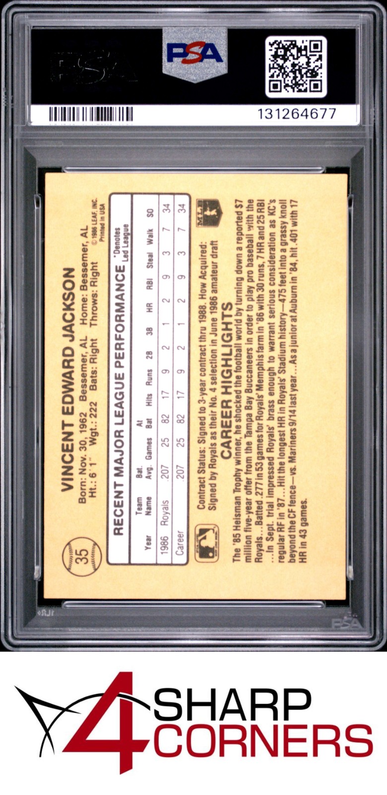 1987 DONRUSS #35 BO JACKSON RC RATED ROOKIE ROYALS PSA 10 view 2