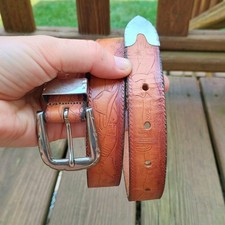 Vintage 30-32 Hand Tooled Large Harness Leather Brown Belt Western Cactus Boots