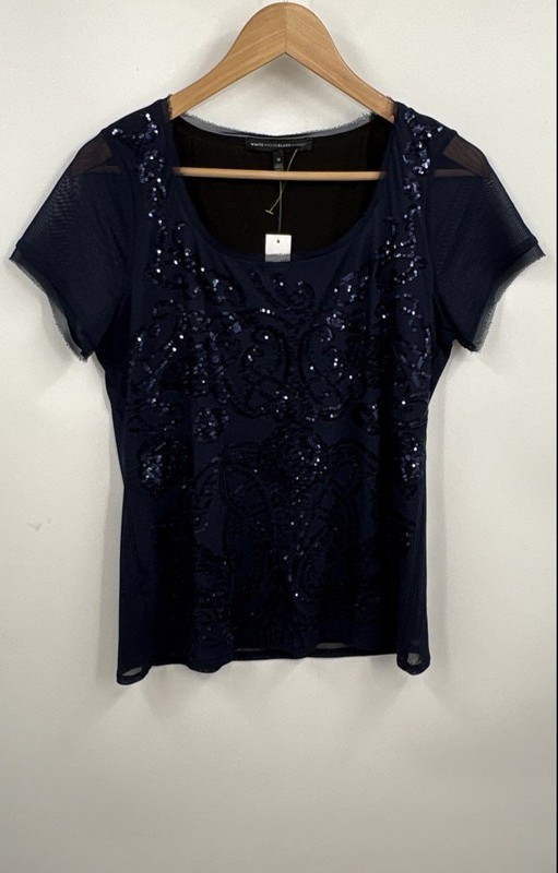 NWT White House Black Market Women's Officer Blue Paisley Sequins T-Shirt Size M