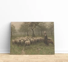 Antique Sheep with Shepherdess Painting Canvas Prints Gift Wall Art