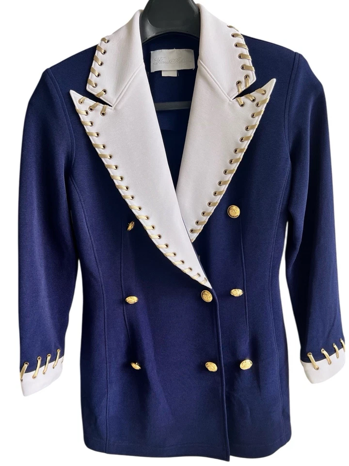 Rare Flora Ashley Blazer Navy White Nautical British Military Gold Buttons Sz S - Image 3 of 4